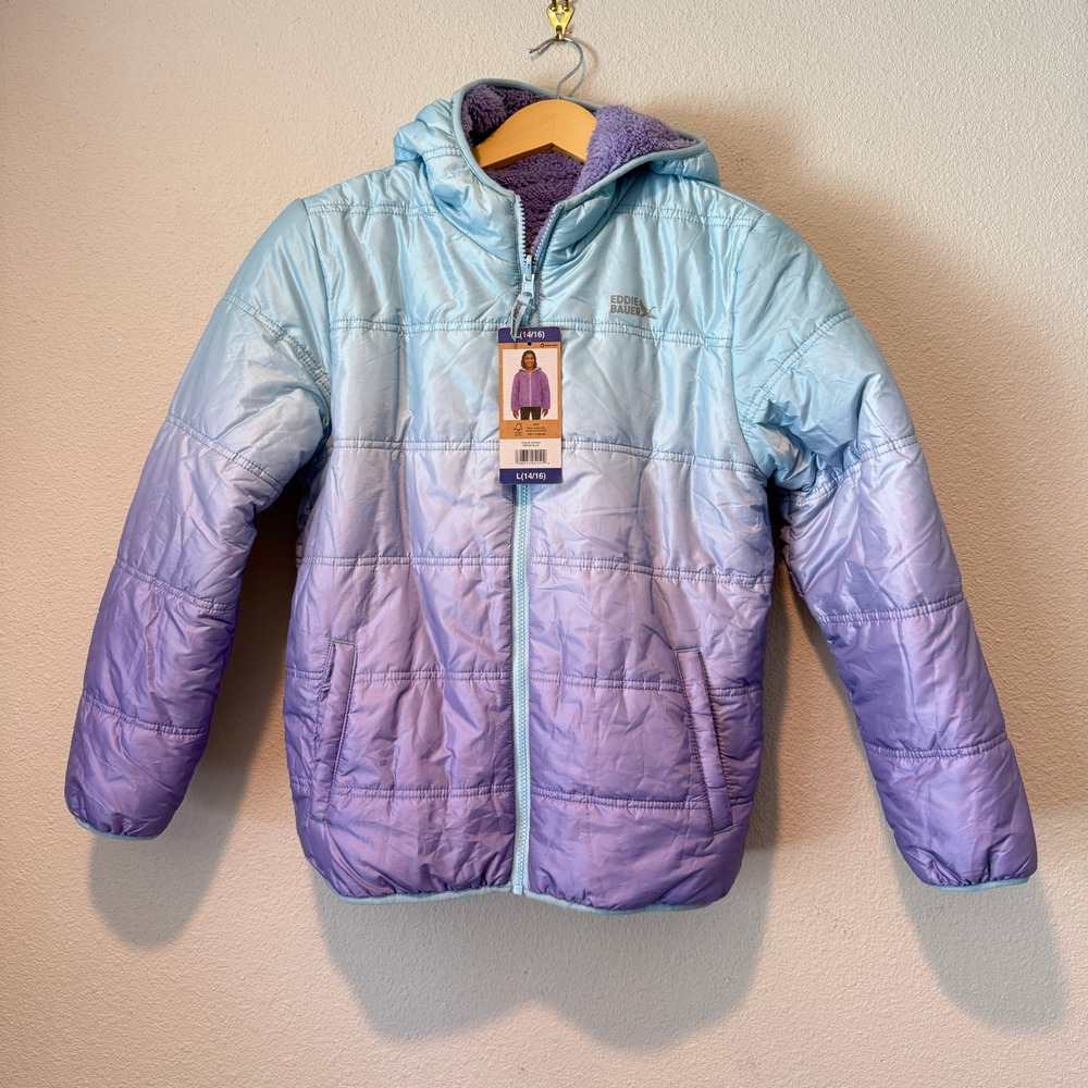 Eddie Bauer Girls Reversible Hooded Jacket L 14/16 Blue Purple Ombre Fleece NEW